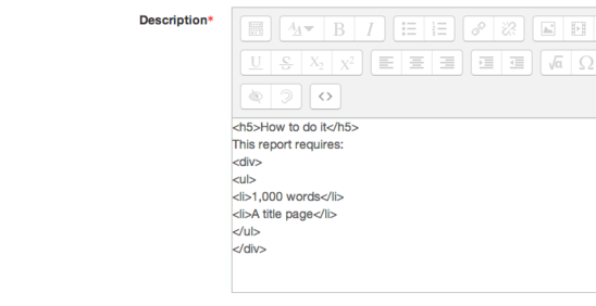 Moodle visual editor in source view