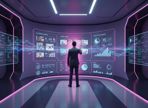 Firefly_Gemini Flash_Ultra modern SaaS technology scene with holographic dashboards showing eLearning, onl 705536