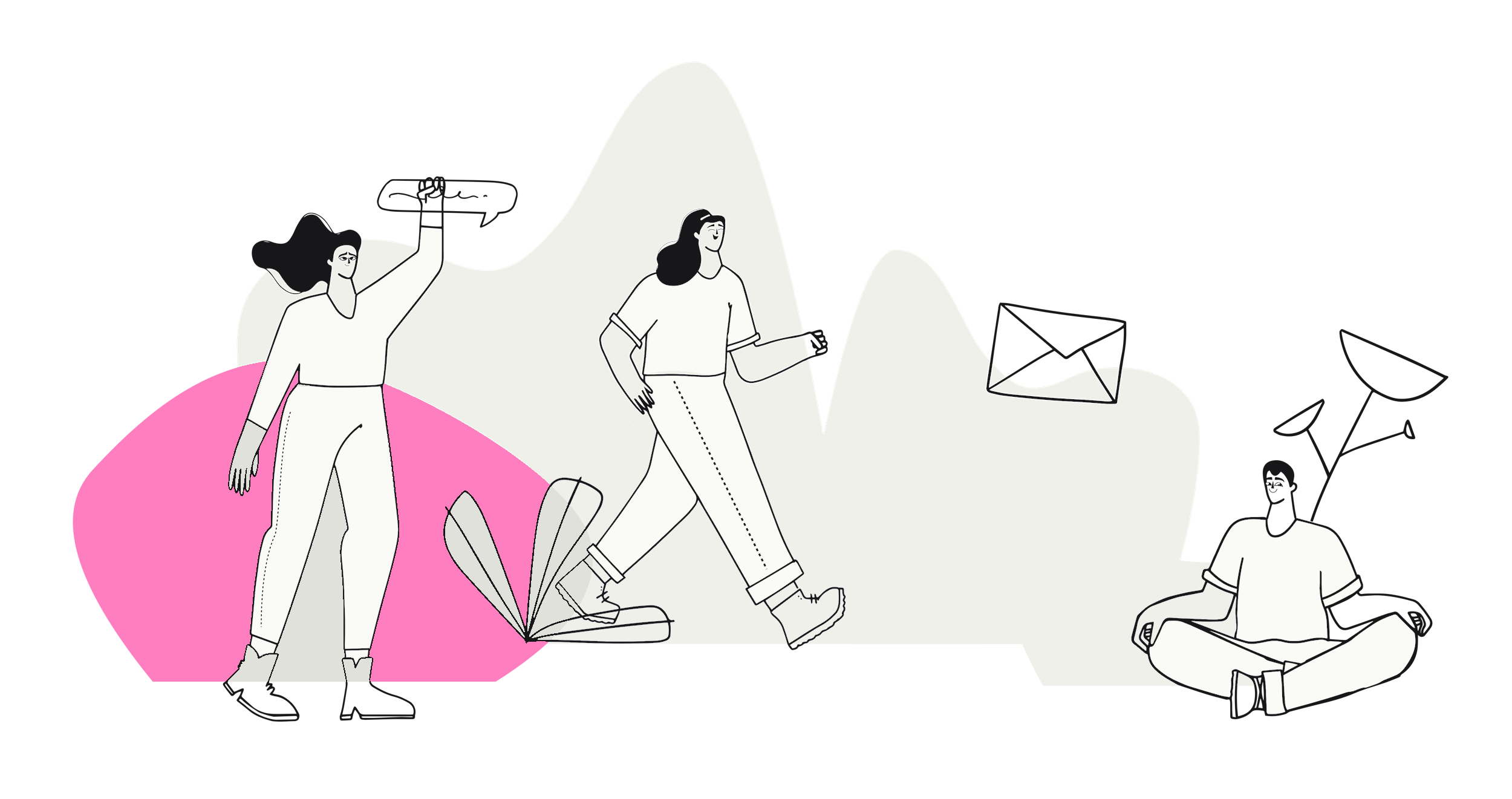 Illustration: members walking together, one raising a message, another meditating