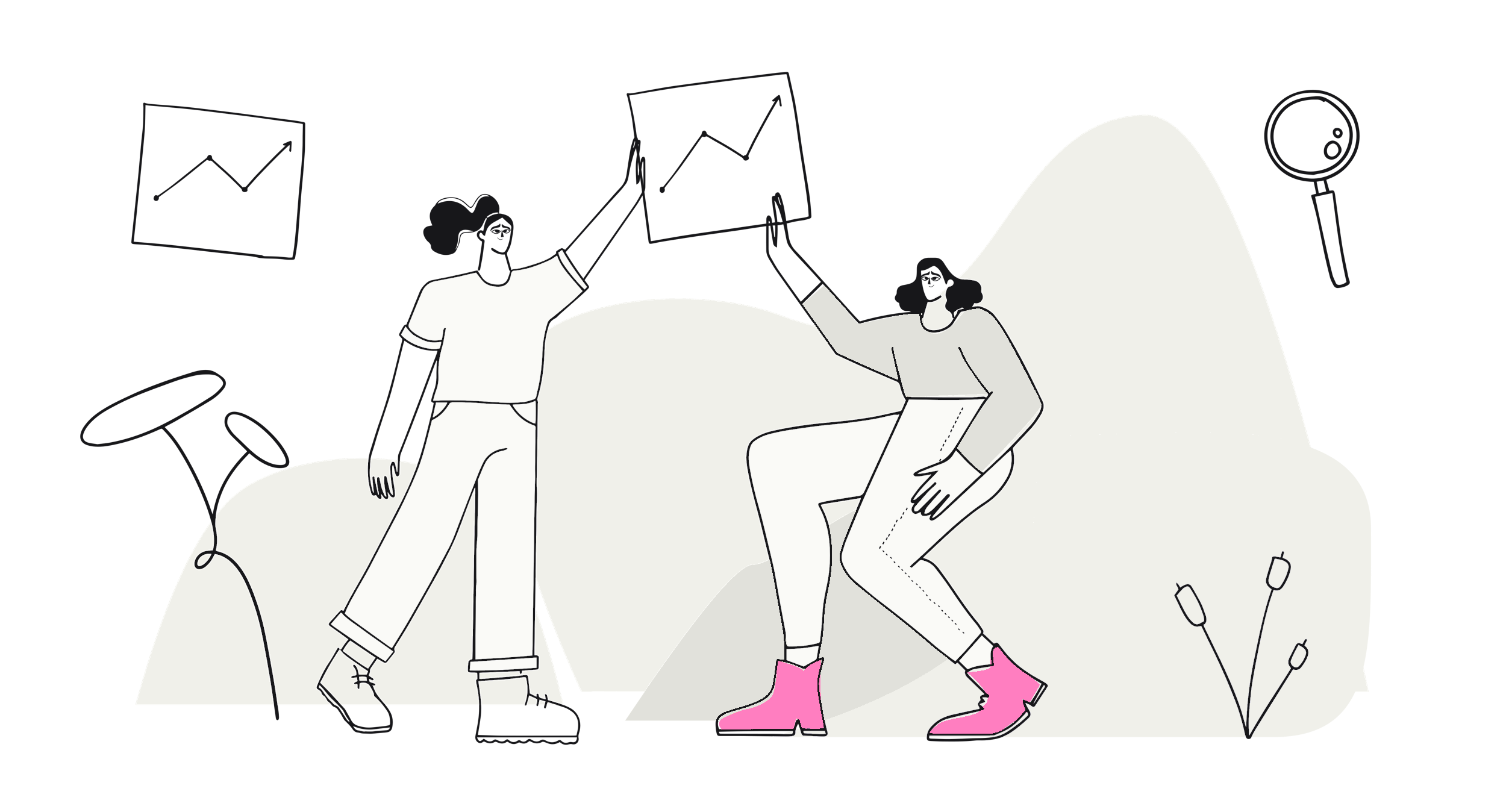 Illustration: two teammates high-fiving while holding up a rising chart